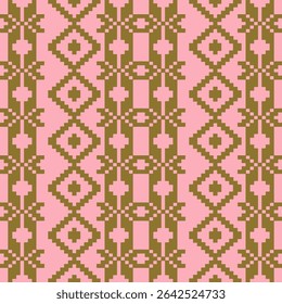 An elegant and traditional Songket Padang textile pattern  geometric motifs in a warm golden-brown on a soft pink background. Classic Indonesian design symmetrical borders traditional weaving artistry