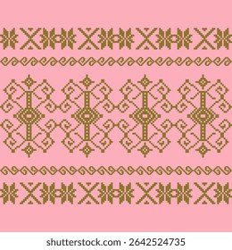 An elegant and traditional Songket Padang textile pattern  geometric motifs in a warm golden-brown on a soft pink background. Classic Indonesian design symmetrical borders traditional weaving artistry