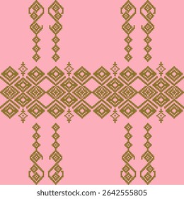 An elegant and traditional Songket Padang textile pattern  geometric motifs in a warm golden-brown on a soft pink background. Classic Indonesian design symmetrical borders traditional weaving artistry