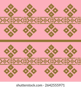 An elegant and traditional Songket Padang textile pattern  geometric motifs in a warm golden-brown on a soft pink background. Classic Indonesian design symmetrical borders traditional weaving artistry