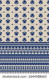 Elegant traditional Thai damask pattern in deep blue over beige background. This intricate floral and geometric design blends classical Thai motifs with modern simplicity, perfect for luxury packaging