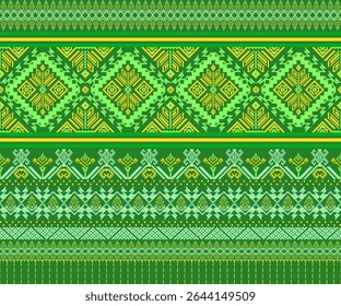 Elegant traditional Thai fabric silk geometric ethnic oriental cross stitch style with golden Thai ornament seamless pattern on green background. Vector illustration.