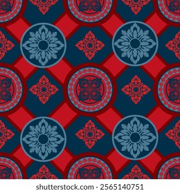 Elegant Traditional Thai Floral Geometric Pattern in Red and Blue - Intricate Cultural Design for Decor, Fabric, and Digital Art Applications