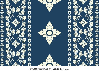 Elegant traditional Thai pattern featuring pink and cream kanok flame motifs and floral elements arranged in horizontal borders on a deep blue background. This seamless vector design is perfect 