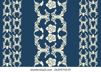 Elegant traditional Thai pattern featuring pink and cream kanok flame motifs and floral elements arranged in horizontal borders on a deep blue background. This seamless vector design is perfect 
