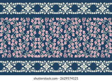 Elegant traditional Thai pattern featuring pink and cream kanok flame motifs and floral elements arranged in horizontal borders on a deep blue background. This seamless vector design is perfect 