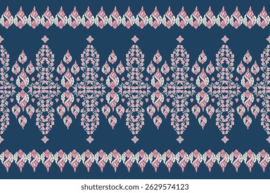 Elegant traditional Thai pattern featuring pink and cream kanok flame motifs and floral elements arranged in horizontal borders on a deep blue background. This seamless vector design is perfect 