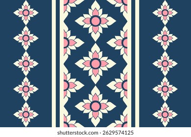 Elegant traditional Thai pattern featuring pink and cream kanok flame motifs and floral elements arranged in horizontal borders on a deep blue background. This seamless vector design is perfect 