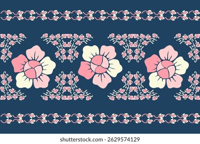 Elegant traditional Thai pattern featuring pink and cream kanok flame motifs and floral elements arranged in horizontal borders on a deep blue background. This seamless vector design is perfect 