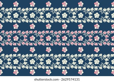 Elegant traditional Thai pattern featuring pink and cream kanok flame motifs and floral elements arranged in horizontal borders on a deep blue background. This seamless vector design is perfect 