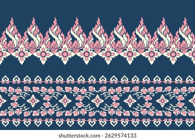 Elegant traditional Thai pattern featuring pink and cream kanok flame motifs and floral elements arranged in horizontal borders on a deep blue background. This seamless vector design is perfect 