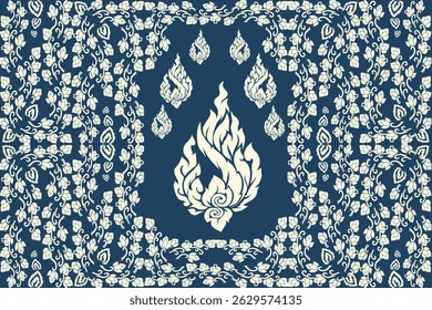 Elegant traditional Thai pattern featuring pink and cream kanok flame motifs and floral elements arranged in horizontal borders on a deep blue background. This seamless vector design is perfect 