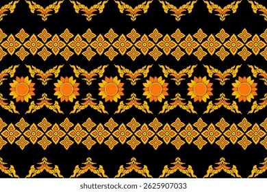 Elegant traditional Thai pattern with intricate golden floral and flame motifs on a black background. The seamless ornamental design is inspired by classic Thai art, suitable for textile design, cultu