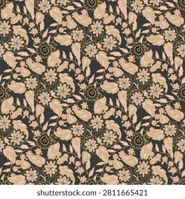 Elegant trailing botanical blossoms in beige and tan on dark grey perfect for luxury wallpaper and classic upholstery.
