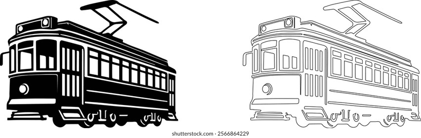 Elegant Tram Silhouette and Line Art Vector Illustration – Perfect for Urban Design and Transportation Projects.