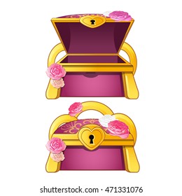 Elegant treasure chest decorated with flower buds. Vector illustration.
