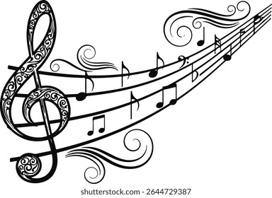 Elegant Treble Clef with Flowing Musical Staff and Notes