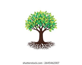 Elegant tree design with detailed roots and lush green foliage, perfect for eco themes. Vector Illustration