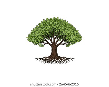 Design de árvore elegante com raízes detalhadas e folhagem verde exuberante, perfeito para temas ecológicos. Ilustração de vetor