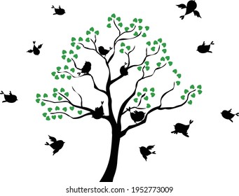 Elegant tree with flying birds silhouettes isolated on white background