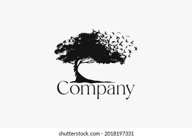 Elegant tree logo with birds flying on it.