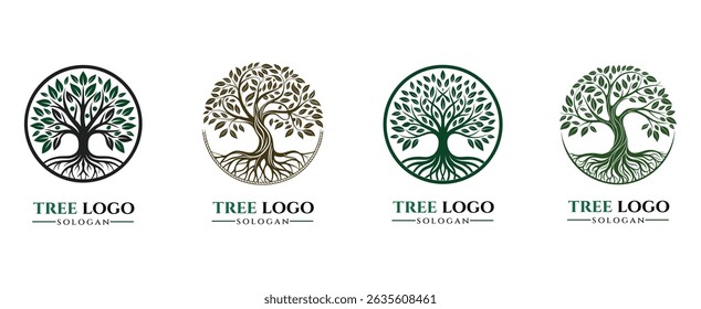 Elegant Tree Logo Collection – Nature-Inspired Tree Emblems with Roots and Circular Design
