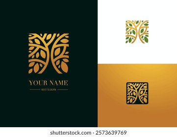 Elegant Tree Logo incSquare Shape. Green and Gold Stylized Design with Text, Adaptive emblem
