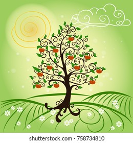 Elegant tree in the summer with fruits of apples and a blooming meadow. Seasons of the year
