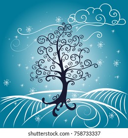 Elegant tree in winter and winter landscape. Seasons of the year.