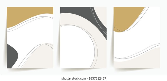 Elegant, Trendy Abstract Shapes Backgrounds. Minimal Cover Design Templates. Set Of 3 Minimalist, Abstract Designs. Stylish, Elegant, Modern, Trendy, Artistic. Gold, Dark Grey, Beige, White.