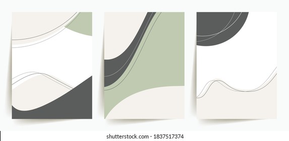 Elegant, trendy abstract shapes backgrounds. Minimal cover design templates. Set of 3 minimalist, abstract designs. Stylish, elegant, modern, trendy, artistic. Green, dark grey, beige, white.