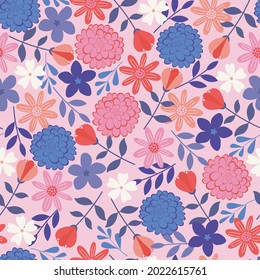 Elegant trendy ditsy floral pattern design of blooming abstract flowers and leaves. Vector seamless natural pattern of variegated foliage. Floral repeating texture background for printing and textile