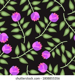 Elegant trendy ditsy floral texture vector repeating pattern comprising beautiful flowers and leaves with black background. Most suitable for wallpaper, wrapping paper; screen printing and textile 