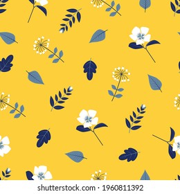 Elegant trendy ditsy floral vector seamless pattern design of beautiful flowers and leaves. Foliage repeat texture with yellow background. Suitable for wallpaper, screen printing and textile