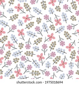 Elegant trendy ditsy floral vector seamless pattern design of beautiful flowers and leaves. Foliage repeat texture with white background. Suitable for wallpaper, screen printing and textile