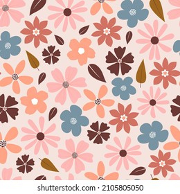 Elegant trendy ditsy floral vector seamless pattern design of beautiful flowers and leaves. Foliage repeat texture with pinkish background. Suitable for wallpaper, screen printing and textile