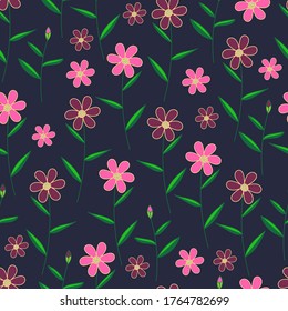 Elegant trendy ditsy foliage texture vector repeating pattern background comprising hand drawn flowers and leaves with navy blue background. Most suitable for wallpaper, screen print, textile industry