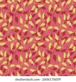 Elegant trendy ditsy foliage texture vector repeating pattern design of autumn color gold leaves on red background. Repeat texture for wallpaper, screen printing and textile industry.