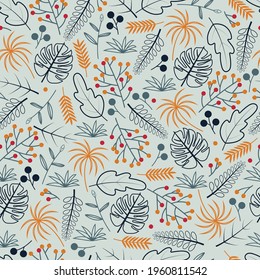 Elegant trendy ditsy foliage vector seamless pattern design of exotic monster and palm leaves. Foliate background of fresh leaves outlines. Repeat texture for wallpaper, surface pattern and textile