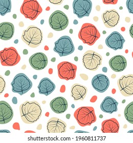 Elegant trendy ditsy foliage vector seamless pattern design of leaves and polka dots. Foliate background of fresh leaves outlines. Repeat texture for wallpaper, surface pattern and textile