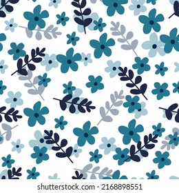 Elegant trendy ditsy vector floral seamless pattern design of beautiful abstract flowers and branches of leaves. Artistic foliage repeat texture background for wallpaper, surface printing and textile