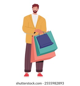 Elegant trendy fashion guy shopper cartoon character standing with sale purchases in shopping bags isolated on white background. Casual attire man buyer feeling satisfied vector illustration