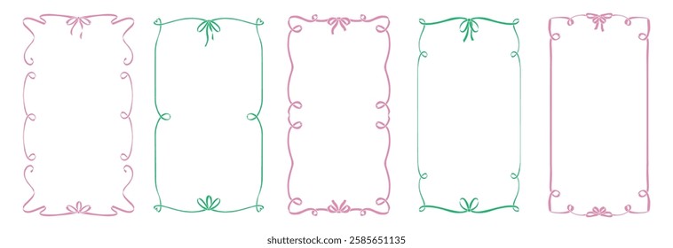 Elegant trendy Frames set, Hand Drawn pink and green Borders with bows for Wedding Invitation, Whimsical frames for birthday card, Squiggly and Wavy Borders. Minimalist line art. Flat vector design