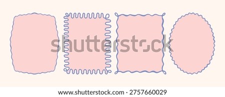 Elegant trendy frames vector illustration set. Pink shapes with light purple wavy scalloped borders. Cute delicate pastel background templates for card, packaging, invitation, branding in flat style