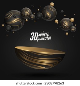 Elegant trendy levitating podium with dynamic 3d spheres textured with golden striped pattern. Platform with shiny luxury bubbles to showcase your product. Vector illustration. EPS 10.