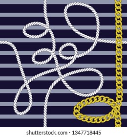 Elegant trendy modern vector seamless pattern with beautiful fashion golden chains and marine rope on a navy blue background.For textile, backrounds, shirts, posters, clotches and accessory.