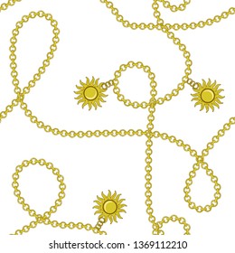 Elegant trendy modern vector seamless pattern with beautiful fashion golden chains and sun on a white background. For textile, backrounds, shirts, posters, clotches and accessory.