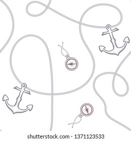 Elegant trendy modern vector seamless pattern with beautiful fashion anchor, compass and marine rope on a white background. For textile, dress, wallpaper, backrounds, clotches and accessory.