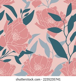 Elegant trendy pattern in blossom roses flower. Botanical pink flowers pattern. Floral background for textile, print, cotton fabric, covers, wallpapers, clothes. Vector illustration