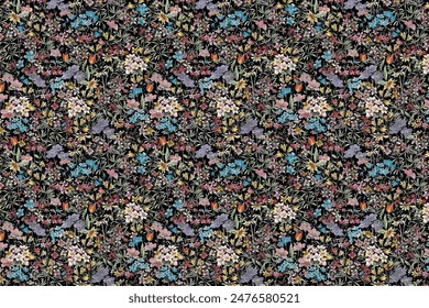 Elegant trendy pattern in small-scale flower. Millefleurs. Liberty style. Floral seamless background for textile, cotton fabric, covers, manufacturing, wallpapers, print, gift, scrapbooking.